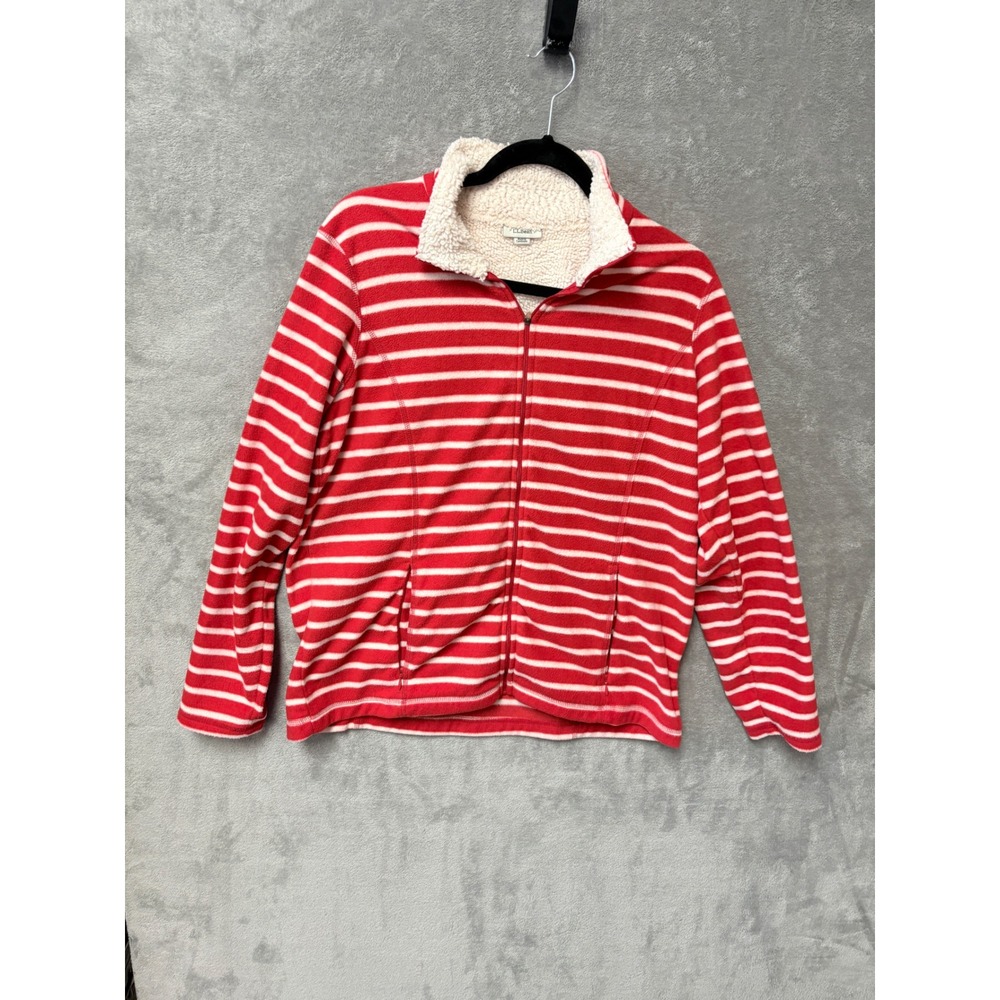 LL Bean Fleece‎ Lined Striped Zip Up Jacket Red White Women's Size Large